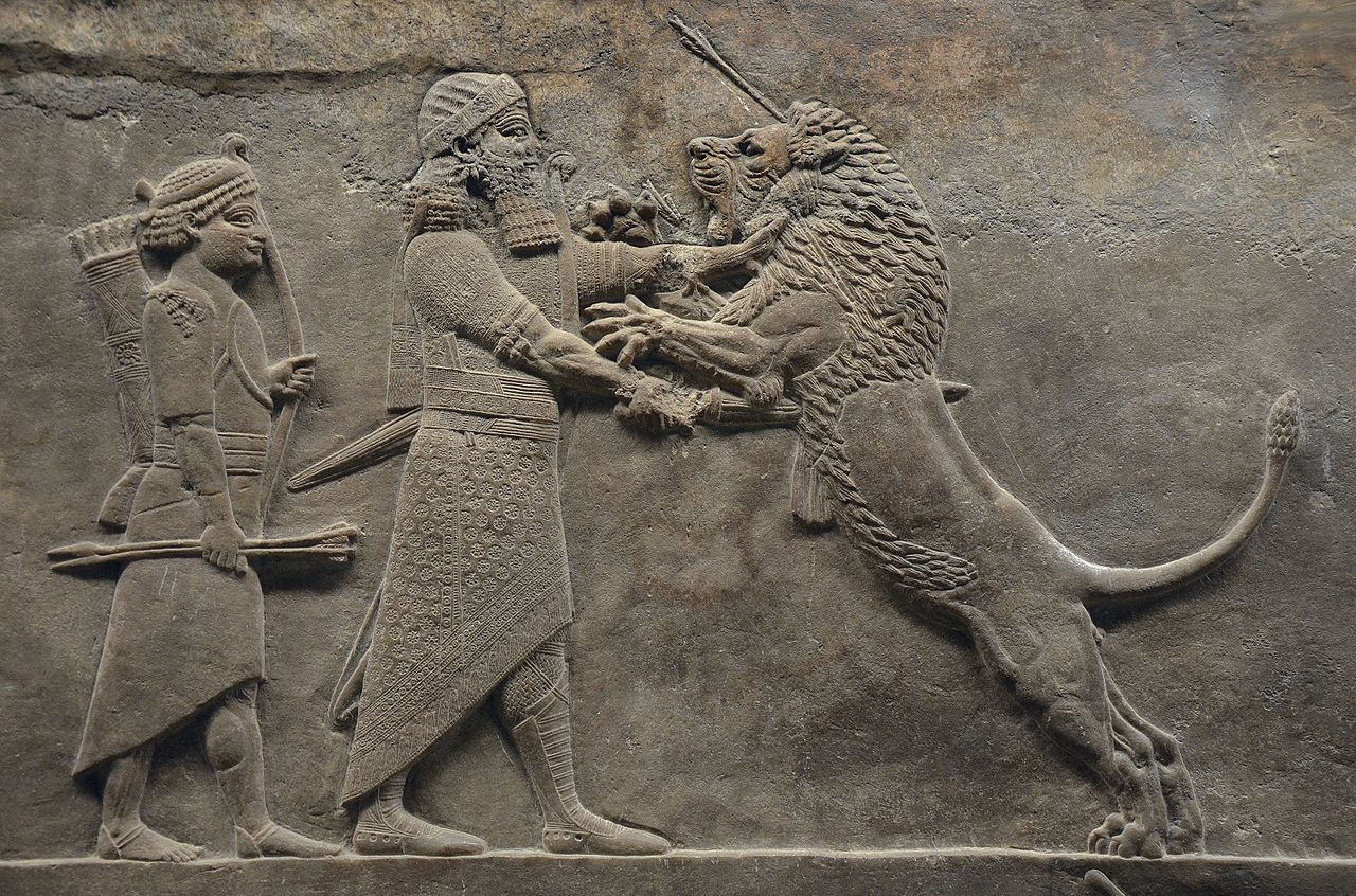 Sculpted_reliefs_depicting_Ashurbanipal,_the_last_great_Assyrian_king,_hunting_lions,_gypsum_hall_relief_from_the_North_Palace_of_Nineve